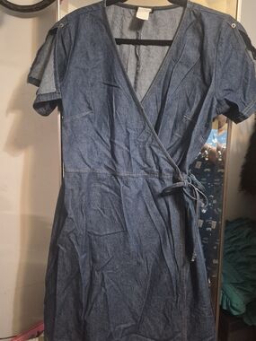 Denim Wrap Midi Dress with Tie Waist - Blue